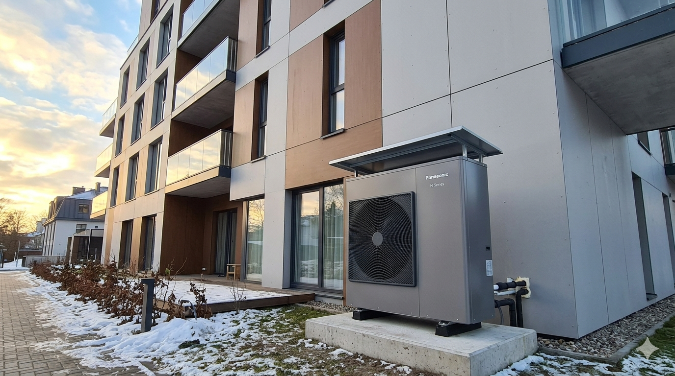 Panasonic Aquarea M Series ohk-vesi soojuspump kortermaja fassaadi ees